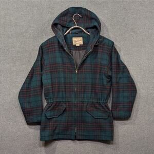 Vtg Woolrich Jacket Womens Small Plaid Wool Hood Tartan Cinch Waist Long Coat